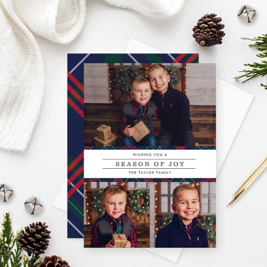 Season of Joy Navy Tartan Pset Photo Collage Feestdagenkaart