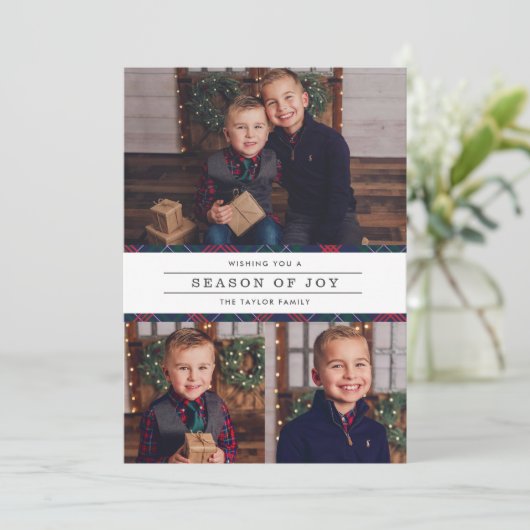 Season of Joy Navy Tartan Pset Photo Collage Feestdagenkaart (Staand voorkant)