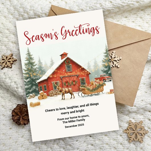 Season’s Greetings Christmas Card Watercolor Barn Notitiekaartje