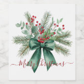 Seasonal Greenery with Red Script Holiday Message Wijn Etiket (Enkel label)