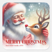 Seasonal Personalized Santa Rudolph Christmas Kids Vierkante Sticker (Voorkant)