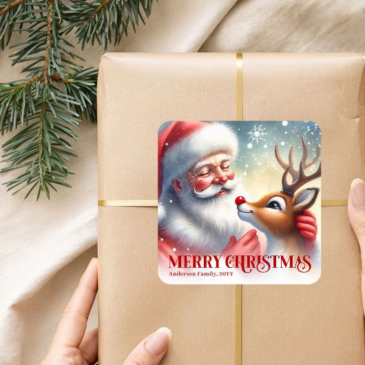 Seasonal Personalized Santa Rudolph Christmas Kids Vierkante Sticker