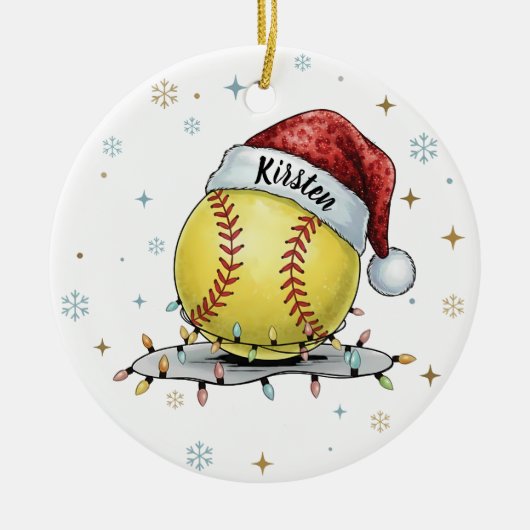 Seasonal Sparkle: Softball with Santa Hat  Keramisch Ornament (Voorkant)