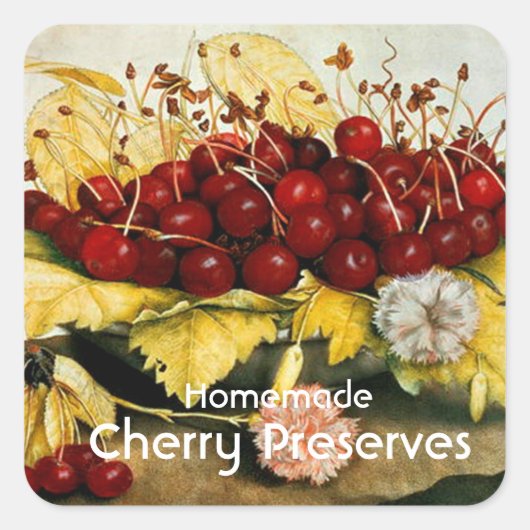 SEASON'S FRUITS CHERRIES ,CHERRY Preserve Jam Jar Vierkante Sticker (Voorkant)