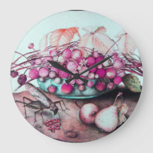 SEASON'S FRUITS , STRAWBERRIES PEARS EN CICADA GROTE KLOK