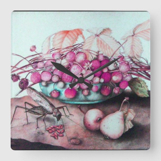 SEASON'S FRUITS , STRAWBERRIES PEARS EN CICADA VIERKANTE KLOK (Voorkant)