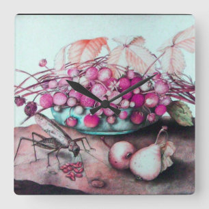 SEASON'S FRUITS , STRAWBERRIES PEARS EN CICADA VIERKANTE KLOK