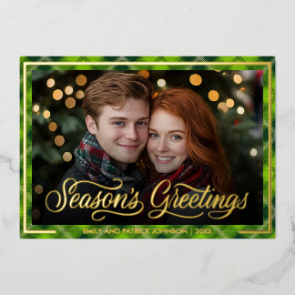 Seasons Greetings | Christmas Green Plaid Photo Folie Feestdagenkaart