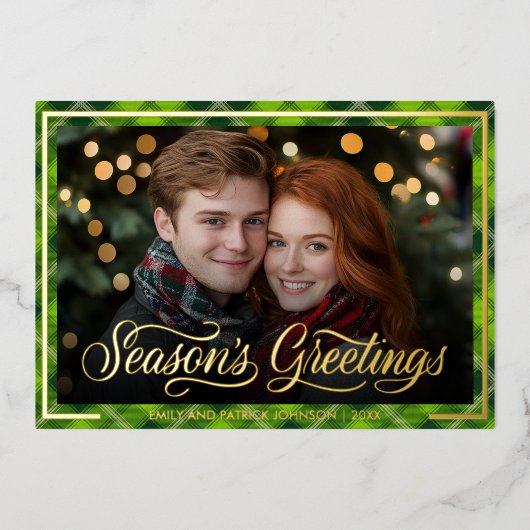 Seasons Greetings | Christmas Green Plaid Photo Folie Feestdagenkaart (Voorkant)