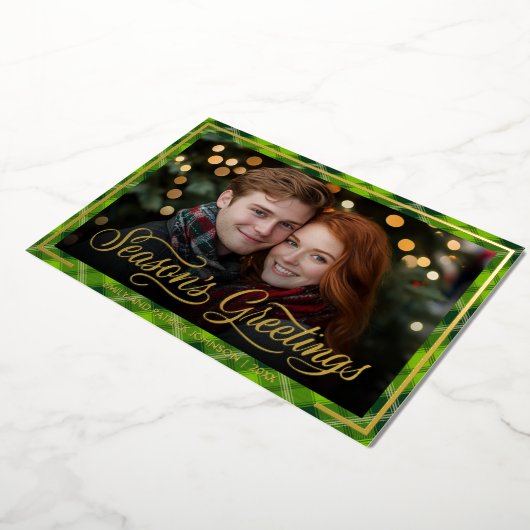 Seasons Greetings | Christmas Green Plaid Photo Folie Feestdagenkaart (Gedraaid)