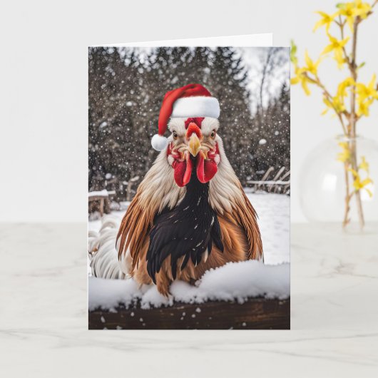 Seasons Greetings Country Rooster Chickens Xmas Kaart (Gele Bloem)