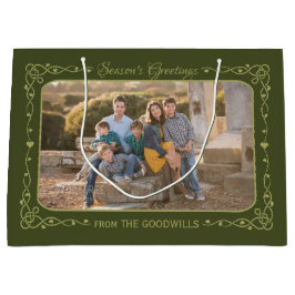 Season's Greetings Custom Foto & Naam geschenkzak Large Cadeautasje