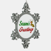Seasons Greetings Flying Reindeer script Tin Sneeuwvlok Ornament (Links)
