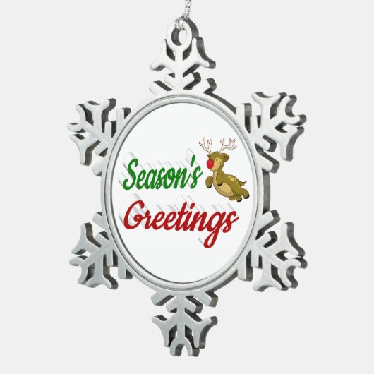 Seasons Greetings Flying Reindeer script Tin Sneeuwvlok Ornament (Rechts)