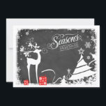 Season's Greetings Holiday Card | Faux Chalkboard Feestdagenkaart<br><div class="desc">This inexpensive and festive black and white vals chalkboard "Season's Greetings" Christmas or Holiday card has a male deer with antlers adorned with holly and berries, red and white gifts with ribbons, snowflakes, stars, and a variety of Christmas trees on a chalkboard background with a snownownownownd Daar gaan we. This...</div>