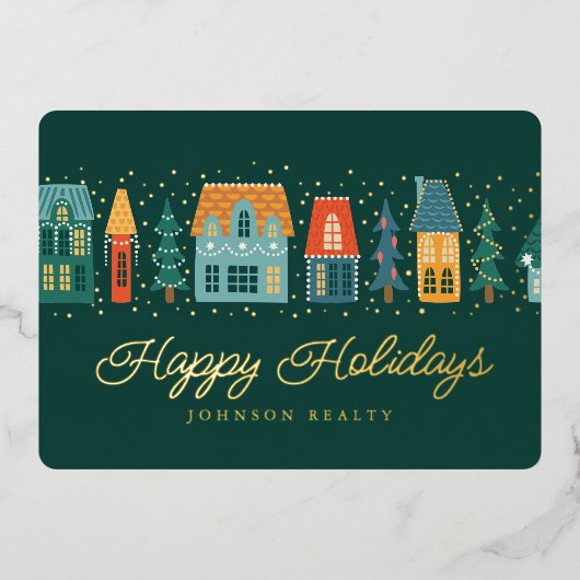 Season's Greetings Modern Winter Snow Village Folie Feestdagenkaart (Voorkant)