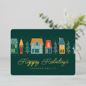 Season's Greetings Modern Winter Snow Village Folie Feestdagenkaart (Staand Voorkant)