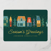 Season's Greetings Modern Winter Snow Village Folie Feestdagenkaart (Voorkant)