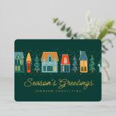 Season's Greetings Modern Winter Snow Village Folie Feestdagenkaart (Staand Voorkant)