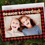 Season's Greetings Plaid Pattern Family Photo Folie Feestdagen Briefkaart<br><div class="desc">Design is composed of red and black plaid/tartan pattern. Add a custom photo of you with the rest of your family. The photo is adorned above with unique gold greetings. To align your photo, unmask the photo template by clicking unmask button. Once the photo is aligned, select the SVG shape...</div>