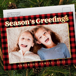 Season's Greetings Plaid Pattern Family Photo Folie Feestdagen Briefkaart