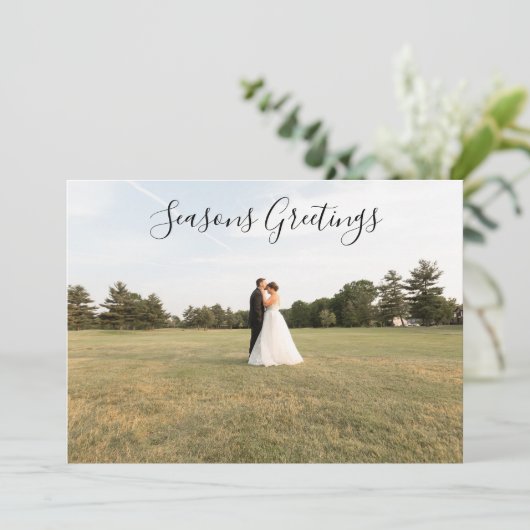 Seasons Greetings Script Photo Card Feestdagenkaart (Staand voorkant)
