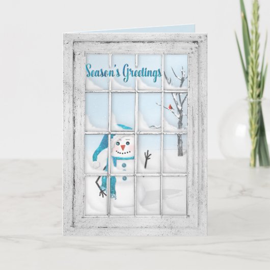 SEASON'S GREETINGS - SNOWMAN VIA WINDOW PANES FEESTDAGEN KAART (Voorkant)
