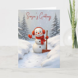 Season's Greetings Snowman with a Red Shovel Kaart