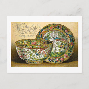 Season's Greetings Vintage China Dishes Victorian Feestdagenkaart