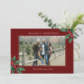 Season's Groeten Classic Holly Red Christmas Kaart (Staand voorkant)