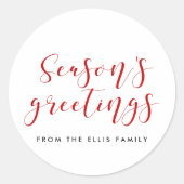 Season's Groeten elegant rood en wit Ronde Sticker (Voorkant)