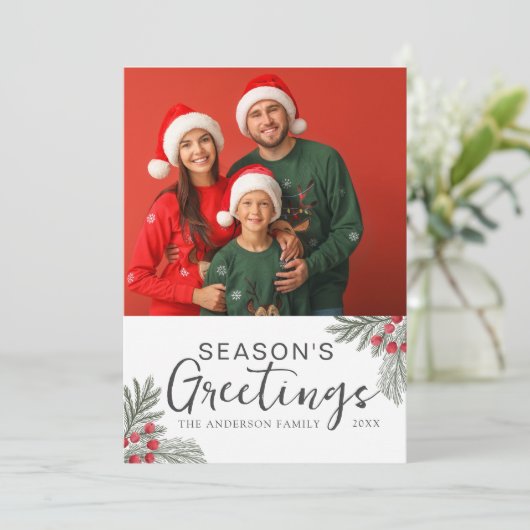 Season's Groeten Kerstmis krans Foto Feestdagenkaart (Staand voorkant)