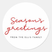 Season's Groeten rood en wit Minimalist Ronde Sticker (Voorkant)