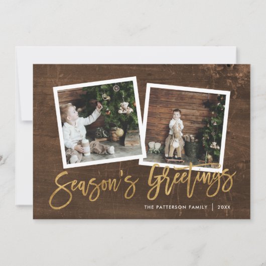 Season's Groeten Rustiek Goud Script Foto Feestdagenkaart (Voorkant)