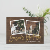 Season's Groeten Rustiek Goud Script Foto Feestdagenkaart (Staand voorkant)