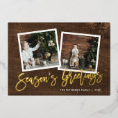 Season's Groeten Rustiek Goud Script Foto Folie Feestdagenkaart (Voorkant)