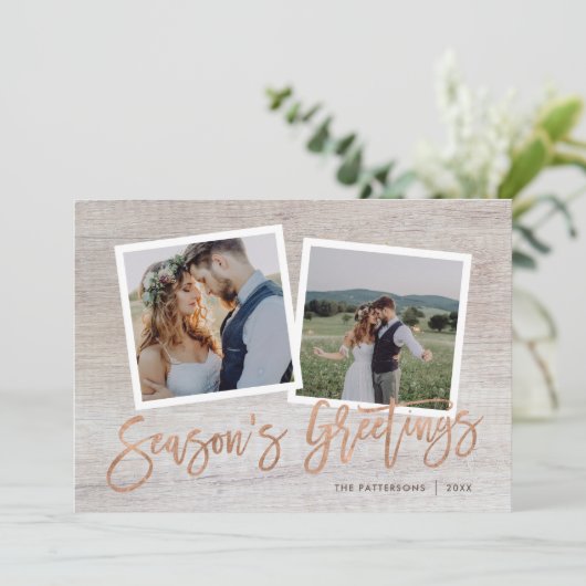 Season's Groeten Rustiek Roos Goud Script Foto Feestdagenkaart (Staand voorkant)