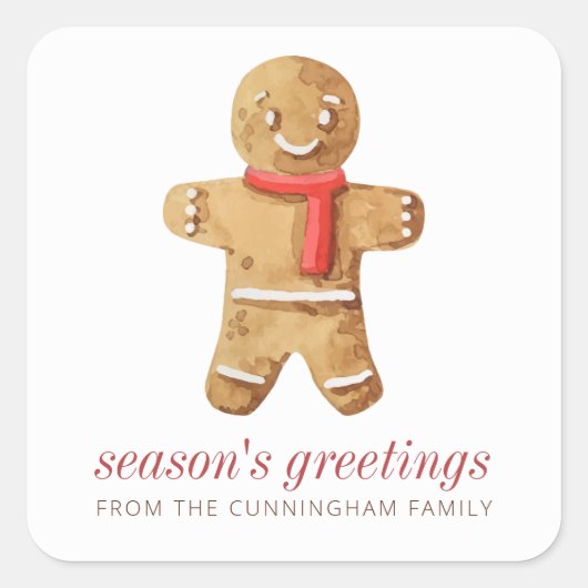 Season's Groeten Waterverf Gingerbread Man Vierkante Sticker (Voorkant)