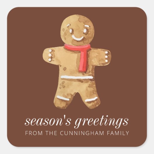 Season's Groeten Waterverf Gingerbread Man Vierkante Sticker (Voorkant)
