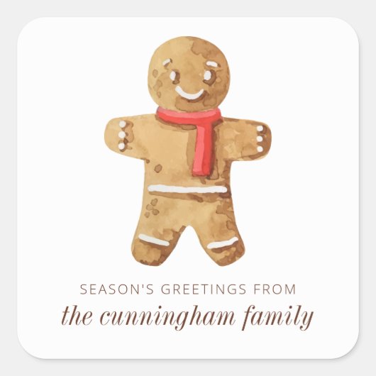 Season's Groeten Waterverf Gingerbread Man Vierkante Sticker (Voorkant)