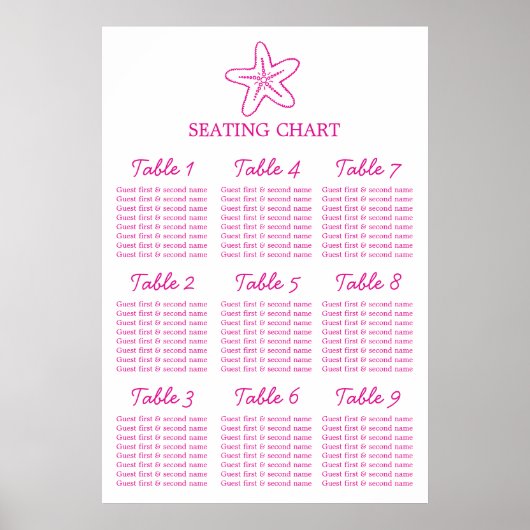 Seastar starfish Wedding Table Planner 1-9 Poster (Voorkant)