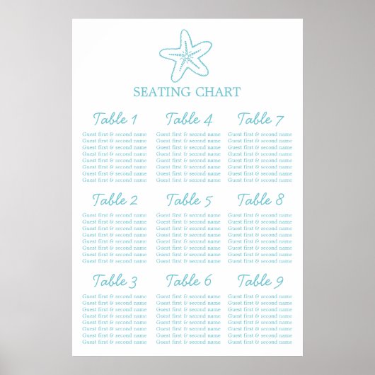 Seastar starfish Wedding Table Planner 1-9 Poster (Voorkant)