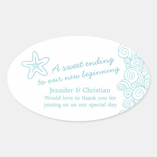 Seastar swirl aqua wit bruiloft snoep stickers (Voorkant)
