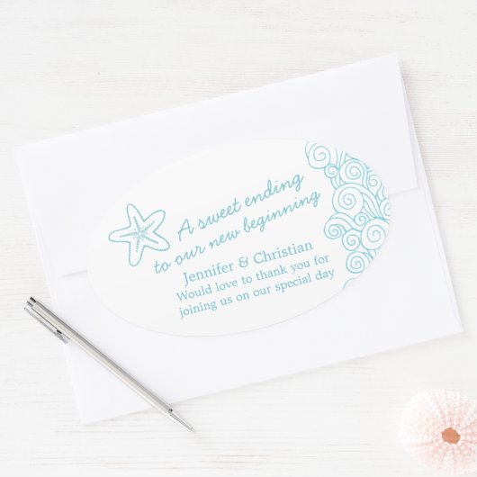 Seastar swirl aqua wit bruiloft snoep stickers (Envelop)
