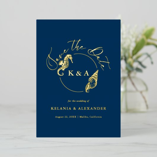 SEATERNAL Nautisch Monogram Bruiloft Save the Date Folie Uitnodiging (Staand Voorkant)