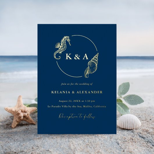SEATERNAL Ocean Waves & Nautical Monogram Bruiloft Folie Uitnodiging