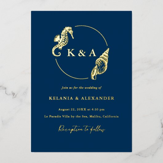 SEATERNAL Ocean Waves & Nautical Monogram Bruiloft Folie Uitnodiging (Voorkant)