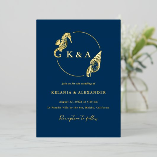 SEATERNAL Ocean Waves & Nautical Monogram Bruiloft Folie Uitnodiging (Staand Voorkant)