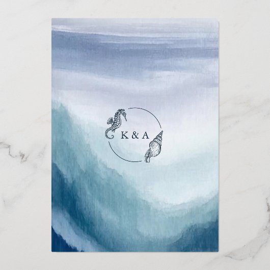 SEATERNAL Ocean Waves & Nautical Monogram Bruiloft Folie Uitnodiging (Achterkant)