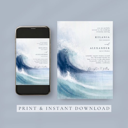 SEATERNAL Ocean Waves & Nautical Monogram Bruiloft Kaart